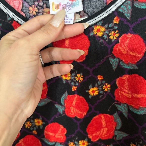 LuLaRoe Black Top with Red Floral Design - Picture 2 of 6